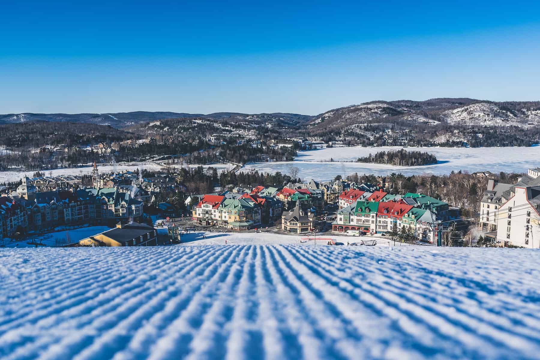 Vue panoramique sur Tremblant Village enneigé et maisons colorées au pied des pistes.