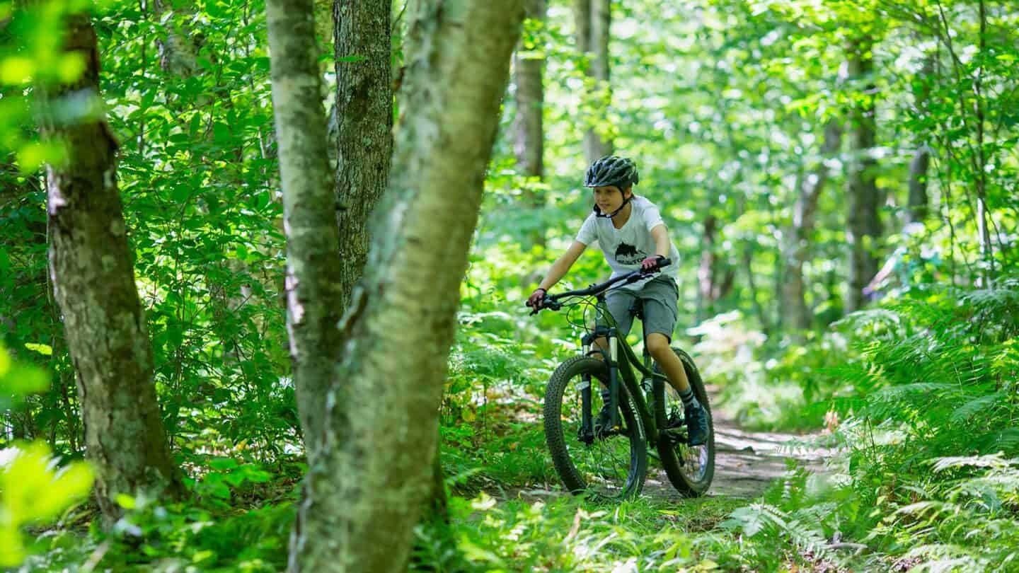 Vélo tout-terrain dans une forêt verdoyante à Tremblant.
