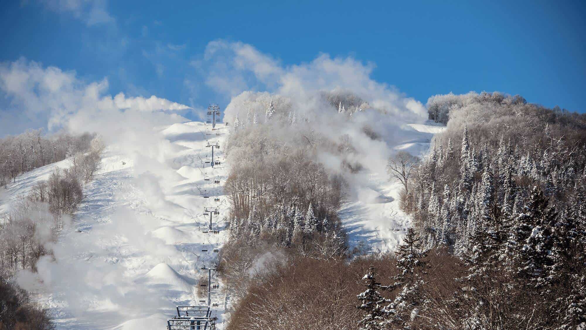 Piste de ski enneigée avec arbres et télésièges sous ciel bleu.