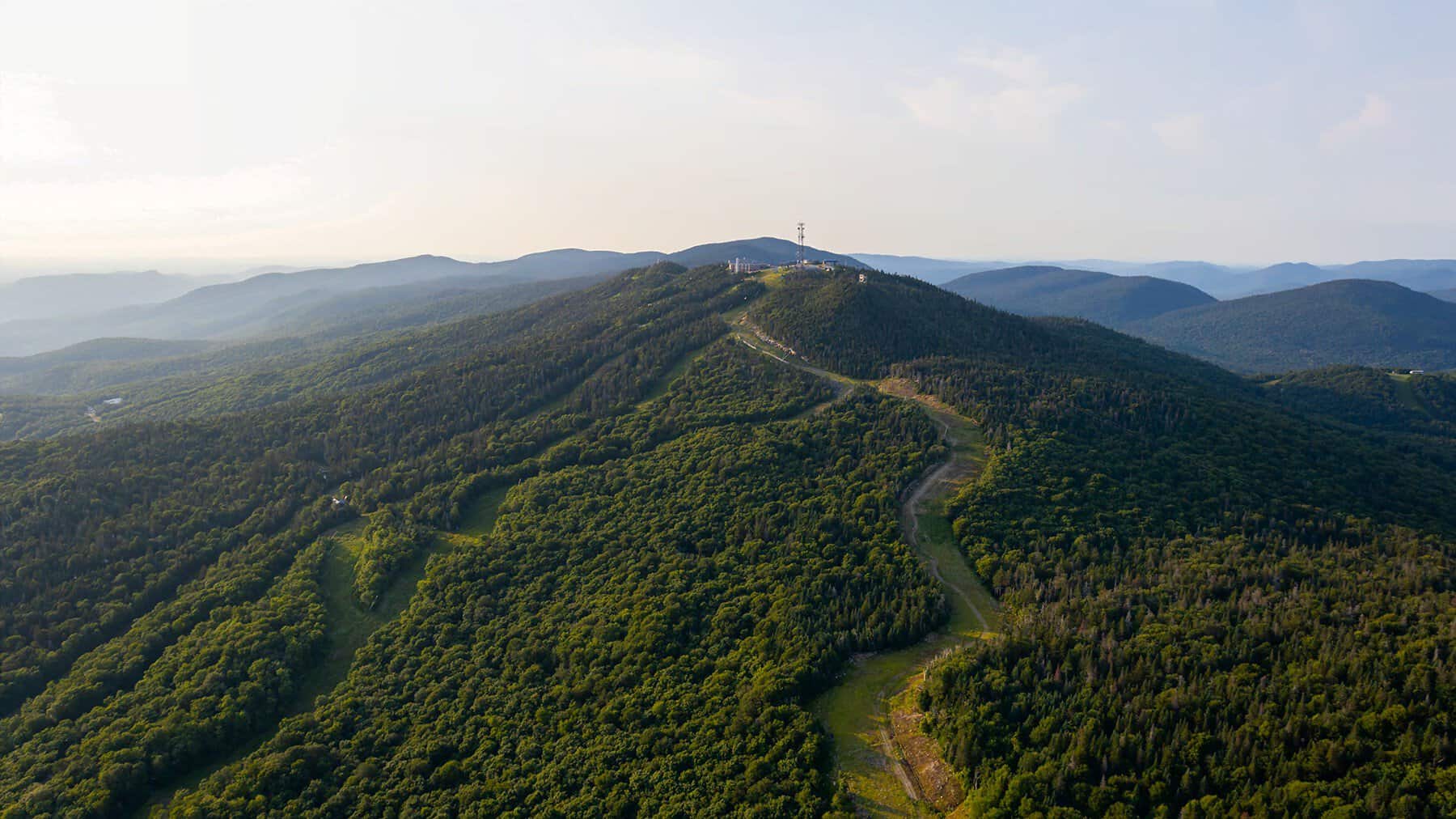 Aerial view of forested Tremblant mountains with winding trails and a peak in the distance.