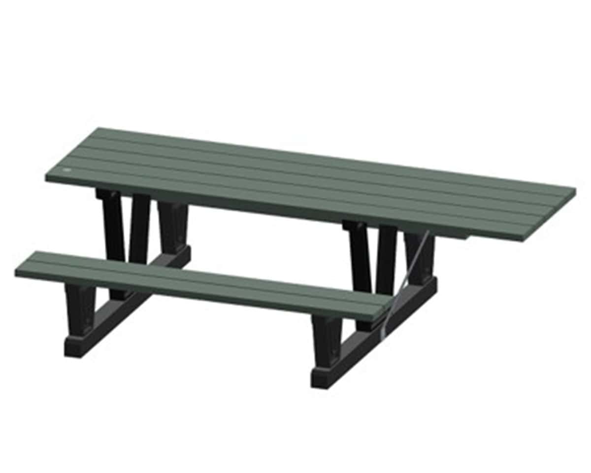 Table pique-nique en bois vert et structure noire, espace extérieur.
