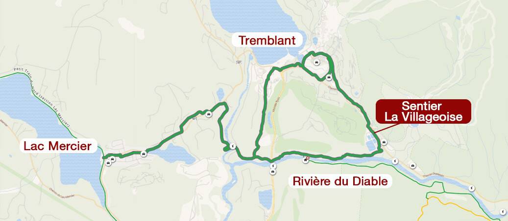 Scenic trail route around Tremblant with Lac Mercier and Rivière du Diable nearby.