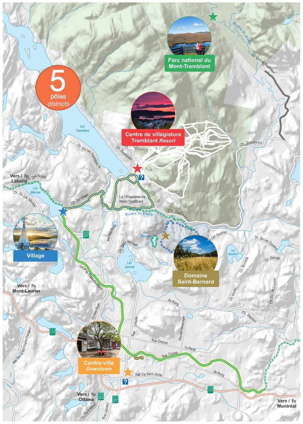 Carte des 5 pôles de Tremblant avec lieux phares et paysages.