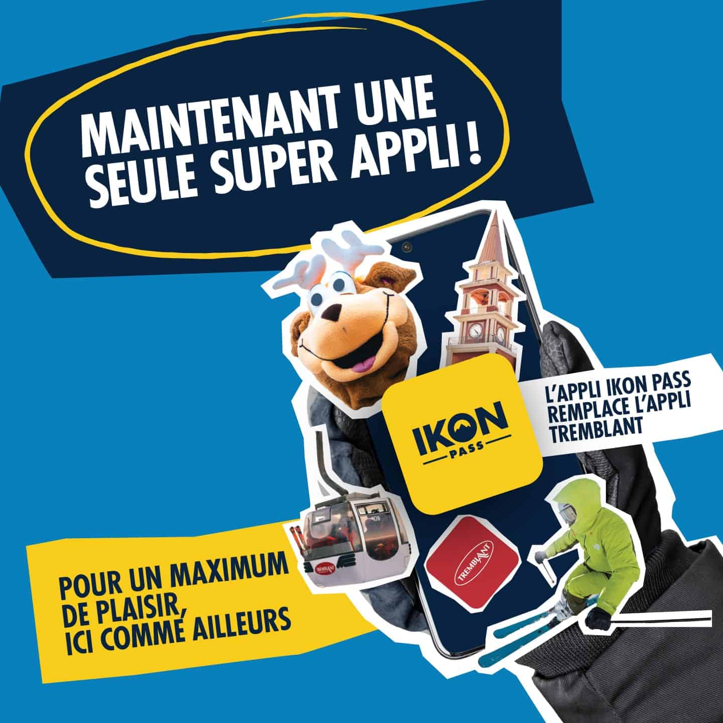 Application mobile Ikon Pass pour Tremblant avec mascotte et t&eacute;l&eacute;cabine.