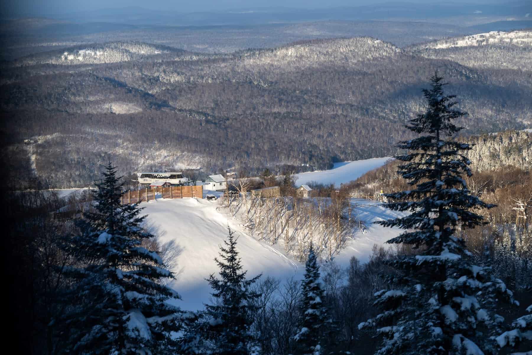 Snow-covered Tremblant landscape with trees and a building complex in valley.
