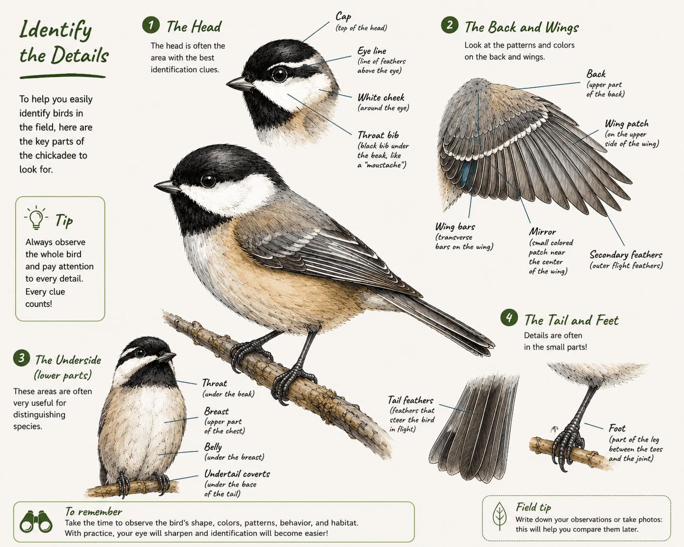Detailed diagram of a chickadee with labeled bird parts for identification.