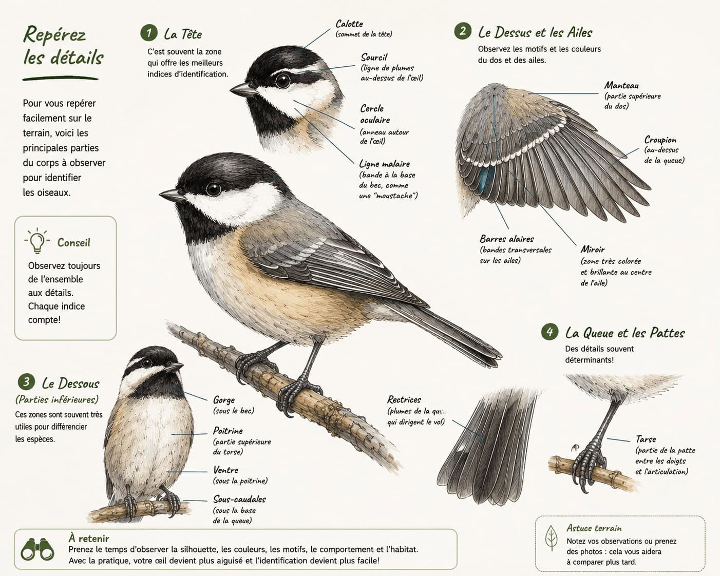 Oiseaux de Mont-Tremblant avec annotations sur leur identification.