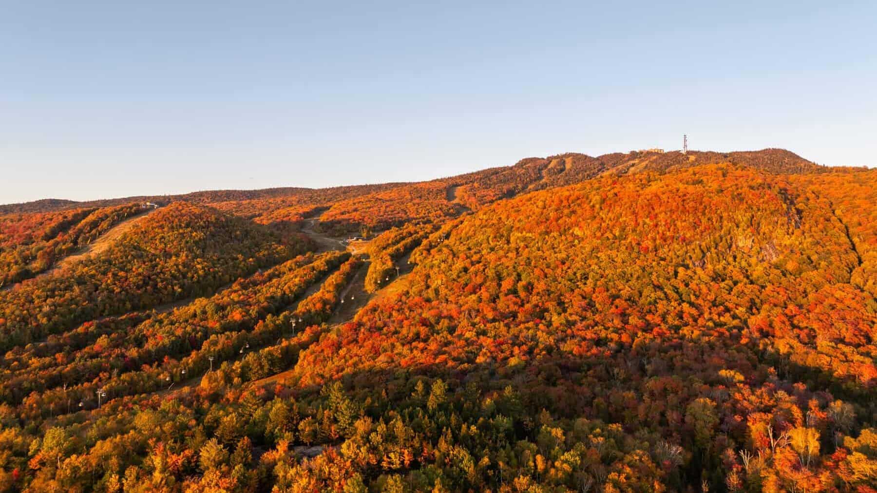 Autumn forested hills with vibrant orange and red fall foliage near Tremblant.