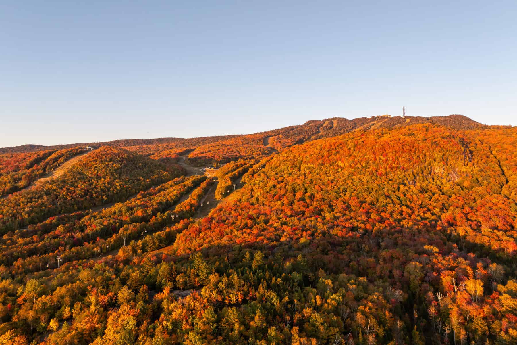 Autumn forested hills with vibrant orange and red fall foliage near Tremblant.